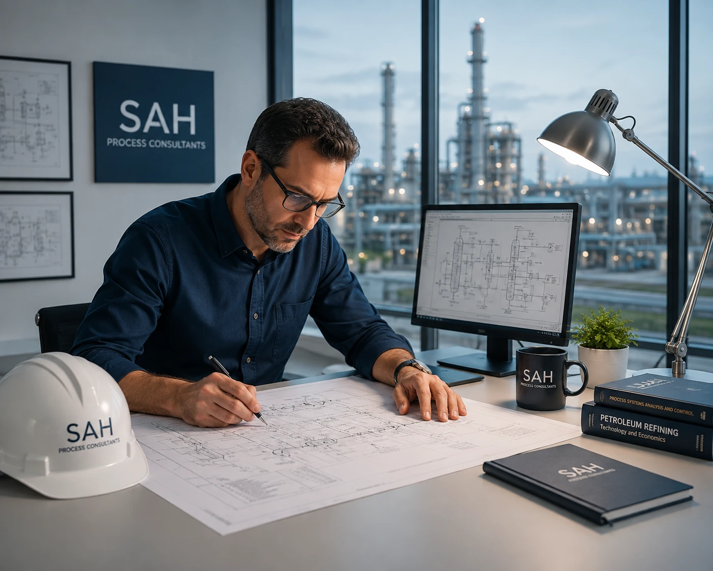 Process engineer reviewing technical documentation for an Oil & Gas project